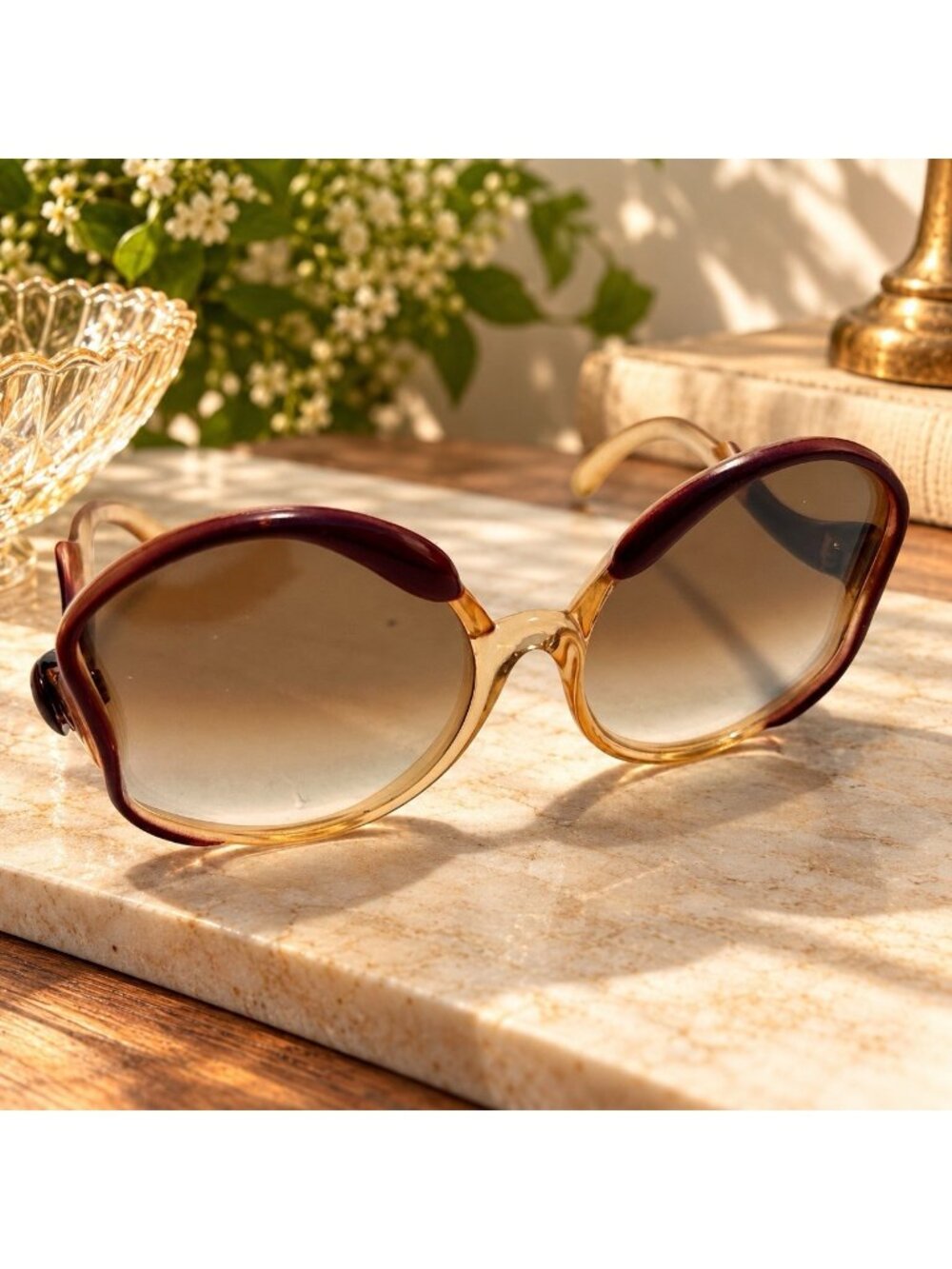 Vintage 70s Frame France Oversized Butterfly Gradient Sunglasses Purple Amber